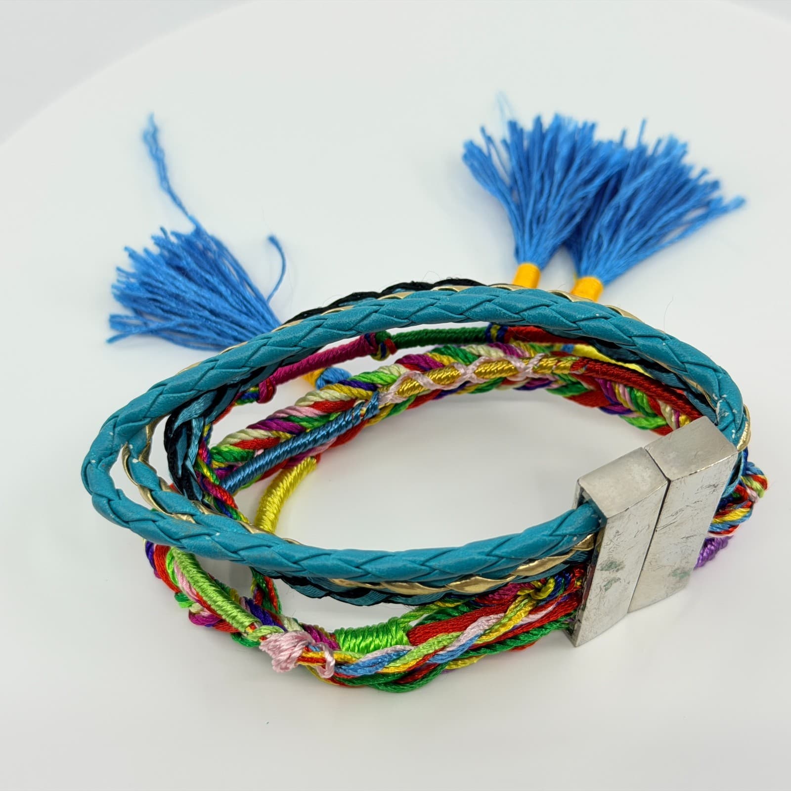Vintage Blue Teal Multi Strand Braided Wrap Bracelet Tassels Magnetic Clasp Boho - Thumbnail 4