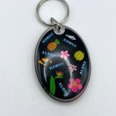 Vintage 1996 Hawaii Aloha Keychain Souvenir Pineapple Hibiscus Tropical Classic