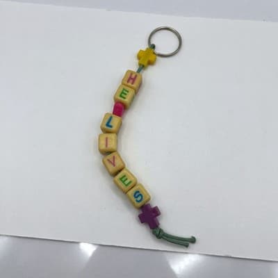 Vintage He Lives Christian Keychain Religious Faith Beaded Charm Cross Pendant