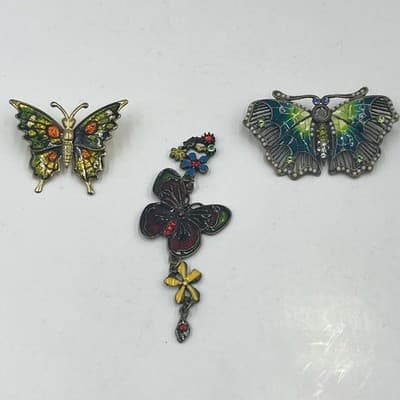 Vintage Butterfly Brooch Pendant Set Cloisonne Enamel Floral Rhinestone 3 Pieces