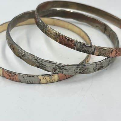 Vintage Tri-Tone Bangle Bracelet Set 3pc Elephant & Turtle Animal Motif Jewelry