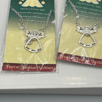 2pc Silver Tone Angel of Christmas Holly Festive Holiday Gift Pendant Necklace - Thumbnail 4