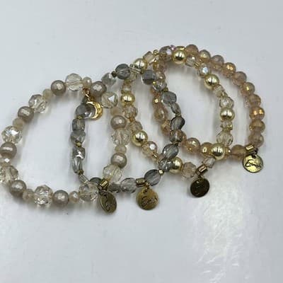 Vintage Erimish Beaded Stretch Bracelet & Necklace 4pc Gold Crystal Moon Charm