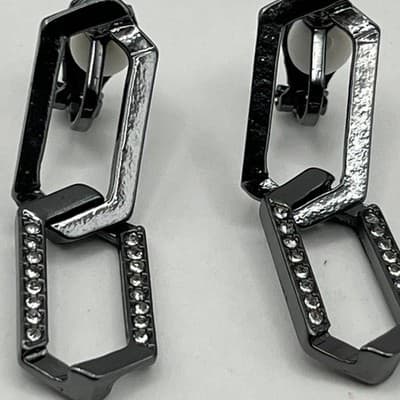 VTG Gunmetal Geometric Link Dangle Earrings Pave Crystal Clip-On Hematite Tone - Thumbnail 2