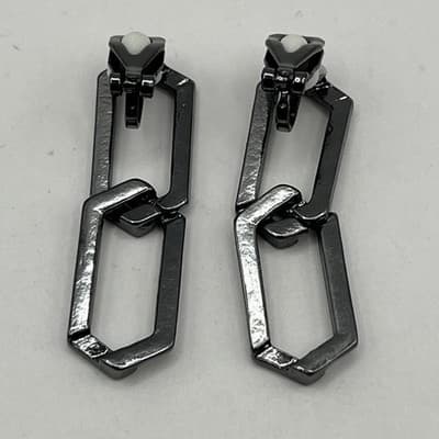 VTG Gunmetal Geometric Link Dangle Earrings Pave Crystal Clip-On Hematite Tone - Thumbnail 4