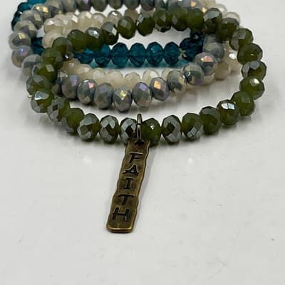 Vintage Beaded Faith Charm Bracelet Set 4pc Stretch Faceted Glass Crystal Cream - Thumbnail 9