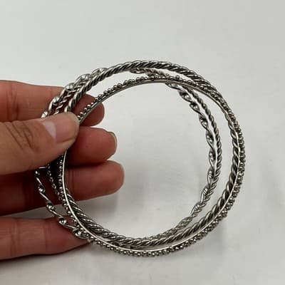 Vintage Silver Tone Bangle Bracelet Set Mixed Texture Twisted Beaded Stackable 4 - Thumbnail 4