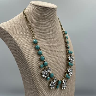 Vintage Gold Tone Teal Blue Cabochon & Rhinestone Statement Bib Necklace Floral - Thumbnail 5