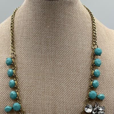 Vintage Gold Tone Teal Blue Cabochon & Rhinestone Statement Bib Necklace Floral - Thumbnail 4