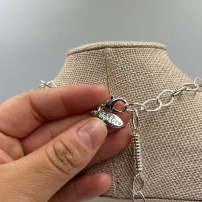 Style & Co Silver Tone Long Oval Link Chain Necklace Mixed Textured Bead Classic - Thumbnail 5