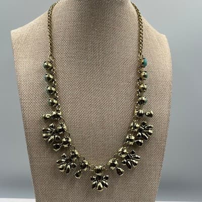Vintage Gold Tone Teal Blue Cabochon & Rhinestone Statement Bib Necklace Floral - Thumbnail 6