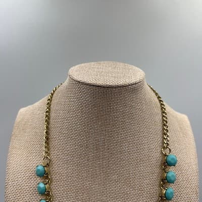 Vintage Gold Tone Teal Blue Cabochon & Rhinestone Statement Bib Necklace Floral - Thumbnail 2