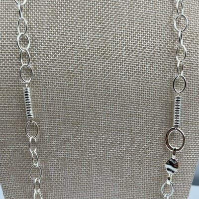 Style & Co Silver Tone Long Oval Link Chain Necklace Mixed Textured Bead Classic - Thumbnail 3