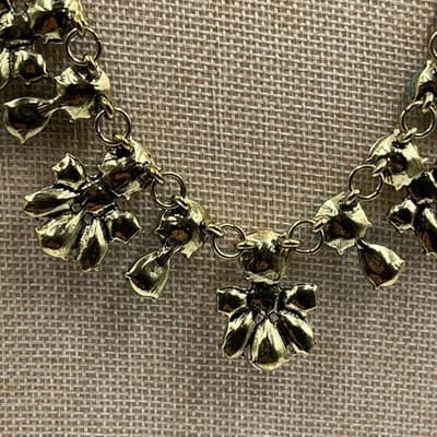 Vintage Gold Tone Teal Blue Cabochon & Rhinestone Statement Bib Necklace Floral - Thumbnail 8