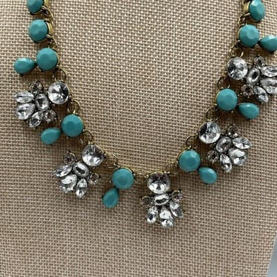 Vintage Gold Tone Teal Blue Cabochon & Rhinestone Statement Bib Necklace Floral - Thumbnail 3