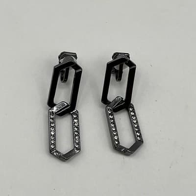 VTG Gunmetal Geometric Link Dangle Earrings Pave Crystal Clip-On Hematite Tone - Thumbnail 3