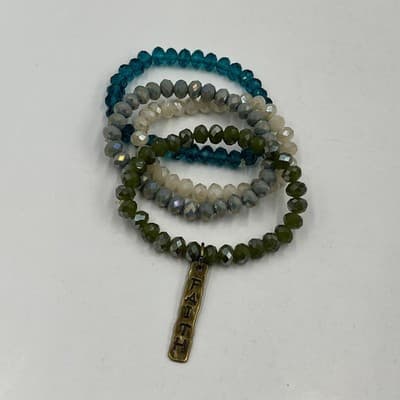 Vintage Beaded Faith Charm Bracelet Set 4pc Stretch Faceted Glass Crystal Cream - Thumbnail 2