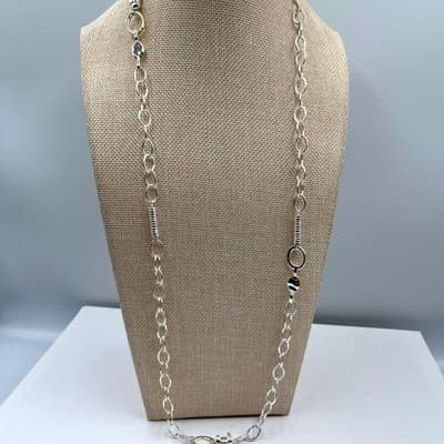 Style & Co Silver Tone Long Oval Link Chain Necklace Mixed Textured Bead Classic