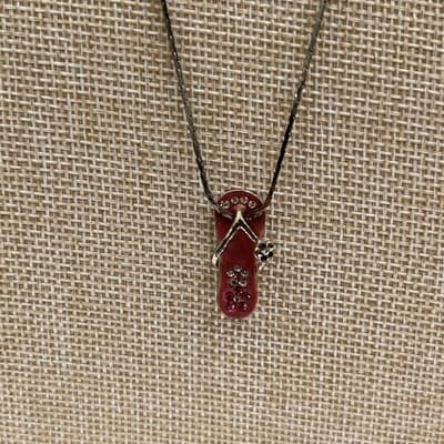 VTG Silver Tone Pink Enamel Flip Flop Sandal Pendant Necklace Rhinestone Beach - Thumbnail 4