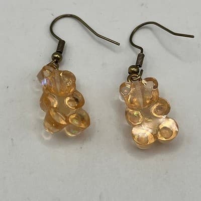 Iridescent Peach Gummy Bear Drop Earrings Gold Tone Hooks Whimsical Y2K Jewelry - Thumbnail 4