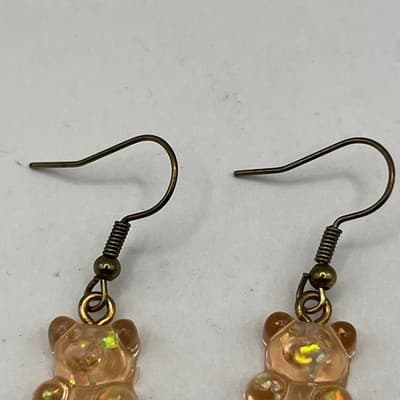 Iridescent Peach Gummy Bear Drop Earrings Gold Tone Hooks Whimsical Y2K Jewelry - Thumbnail 2