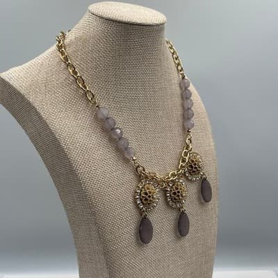 Vintage Plunder Gold Tone Necklace Lavender Beads Rhinestone Floral Bib Charm - Thumbnail 6