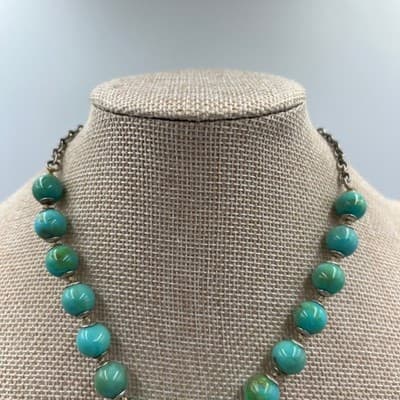 Xiomara Castro Turquoise Beaded Necklace Silver Tone Floral Heart Peace Pendant - Thumbnail 2