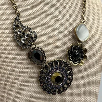 Vintage Bronze Statement Necklace Rhinestone Floral Geometric Boho Bib Jewelry - Thumbnail 5