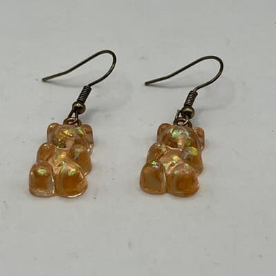 Iridescent Peach Gummy Bear Drop Earrings Gold Tone Hooks Whimsical Y2K Jewelry - Thumbnail 3