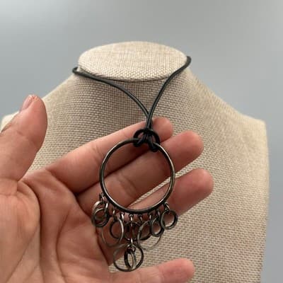 Vintage Industrial Geometric Hoop Chandelier Necklace 18" Black Cord Boho Modern - Thumbnail 5
