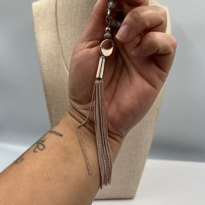 Vintage Rose Gold Tone Long Tassel Necklace Faceted Glass Bead Fringe Pendant - Thumbnail 6