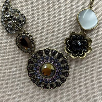 Vintage Bronze Statement Necklace Rhinestone Floral Geometric Boho Bib Jewelry - Thumbnail 3