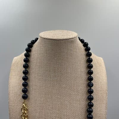 Vintage Talbots Gold Tone Black Enamel Sunburst Bead Double Rolo Chain Necklace - Thumbnail 2