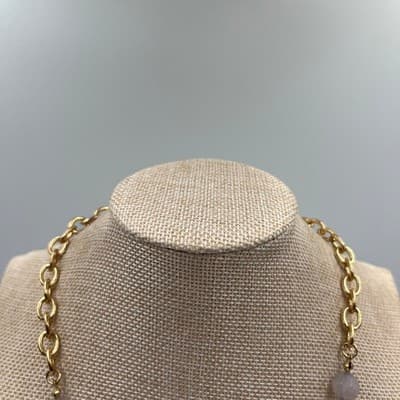 Vintage Plunder Gold Tone Necklace Lavender Beads Rhinestone Floral Bib Charm - Thumbnail 2