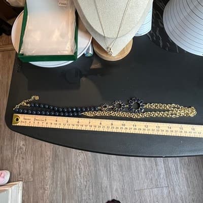Vintage Talbots Gold Tone Black Enamel Sunburst Bead Double Rolo Chain Necklace - Thumbnail 9