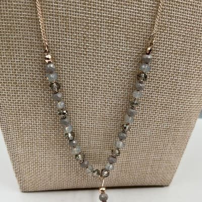 Vintage Rose Gold Tone Long Tassel Necklace Faceted Glass Bead Fringe Pendant - Thumbnail 3