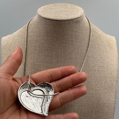 VTG Abalone Shell Heart Pendant Necklace Silver Tone Snake Chain Enamel Spiral - Thumbnail 6