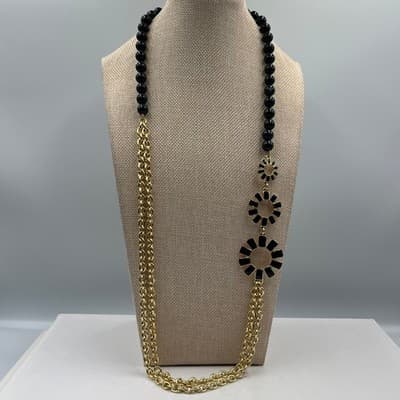 Vintage Talbots Gold Tone Black Enamel Sunburst Bead Double Rolo Chain Necklace - Thumbnail 5