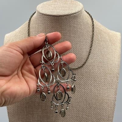 Vintage Chandelier Statement Necklace Silver Tone Smokey Grey Stones 21" Chain - Thumbnail 4