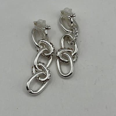 Vintage Silver Tone Chunky Chain Link Dangle Earring Pave Crystal Accent Clip-On - Thumbnail 3