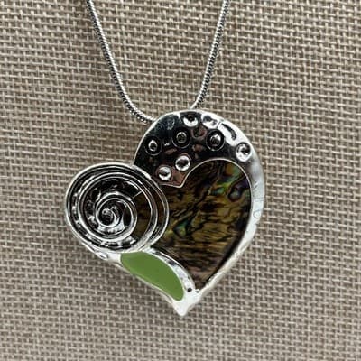 VTG Abalone Shell Heart Pendant Necklace Silver Tone Snake Chain Enamel Spiral - Thumbnail 4