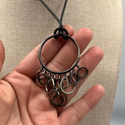 Vintage Industrial Geometric Hoop Chandelier Necklace 18" Black Cord Boho Modern - Thumbnail 4
