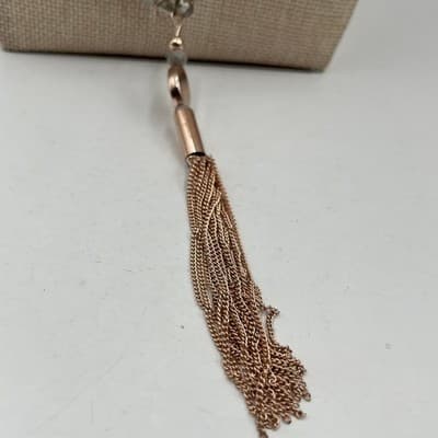 Vintage Rose Gold Tone Long Tassel Necklace Faceted Glass Bead Fringe Pendant - Thumbnail 4