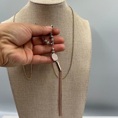 Vintage Rose Gold Tone Long Tassel Necklace Faceted Glass Bead Fringe Pendant - Thumbnail 5