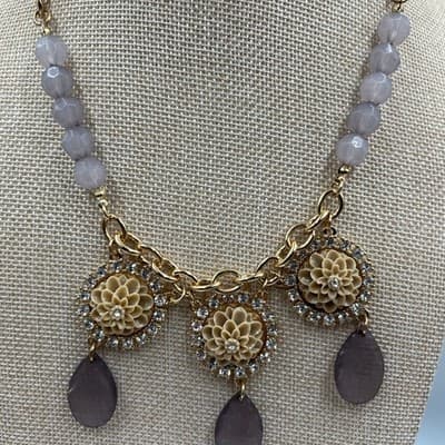 Vintage Plunder Gold Tone Necklace Lavender Beads Rhinestone Floral Bib Charm - Thumbnail 3