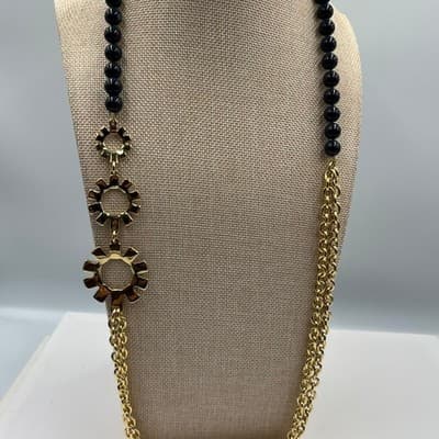 Vintage Talbots Gold Tone Black Enamel Sunburst Bead Double Rolo Chain Necklace - Thumbnail 6