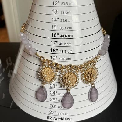 Vintage Plunder Gold Tone Necklace Lavender Beads Rhinestone Floral Bib Charm - Thumbnail 9