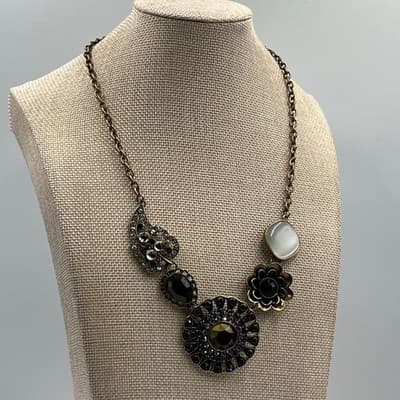 Vintage Bronze Statement Necklace Rhinestone Floral Geometric Boho Bib Jewelry - Thumbnail 6