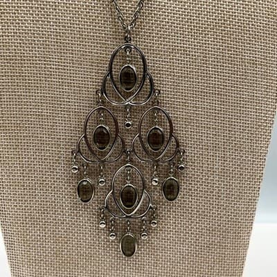 Vintage Chandelier Statement Necklace Silver Tone Smokey Grey Stones 21" Chain - Thumbnail 3
