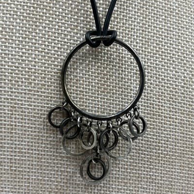 Vintage Industrial Geometric Hoop Chandelier Necklace 18" Black Cord Boho Modern - Thumbnail 3